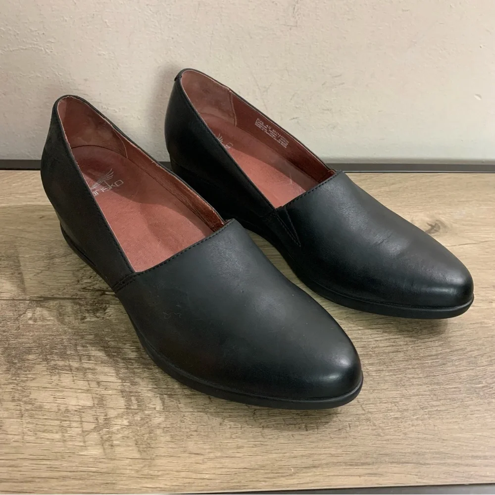 Dansko Black Leather Wedge Slip-On Pumps